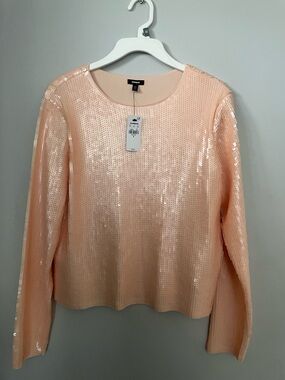 Express Peach Sequin Long-Sleeve Crewneck Top